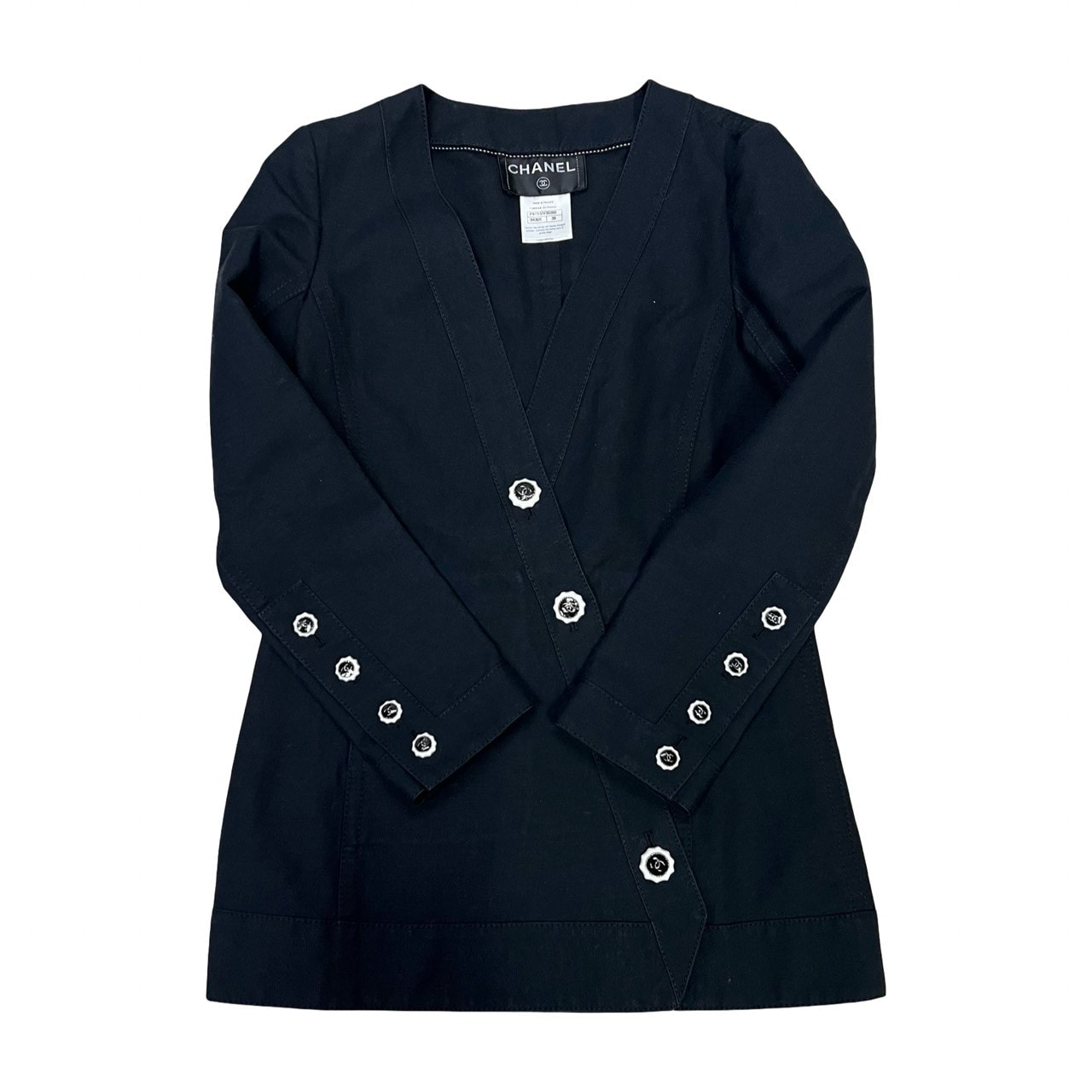 CHANEL シャネル ココマーク ボタン コットン リネン シルク ノーカラージャケット ブラック
 54588