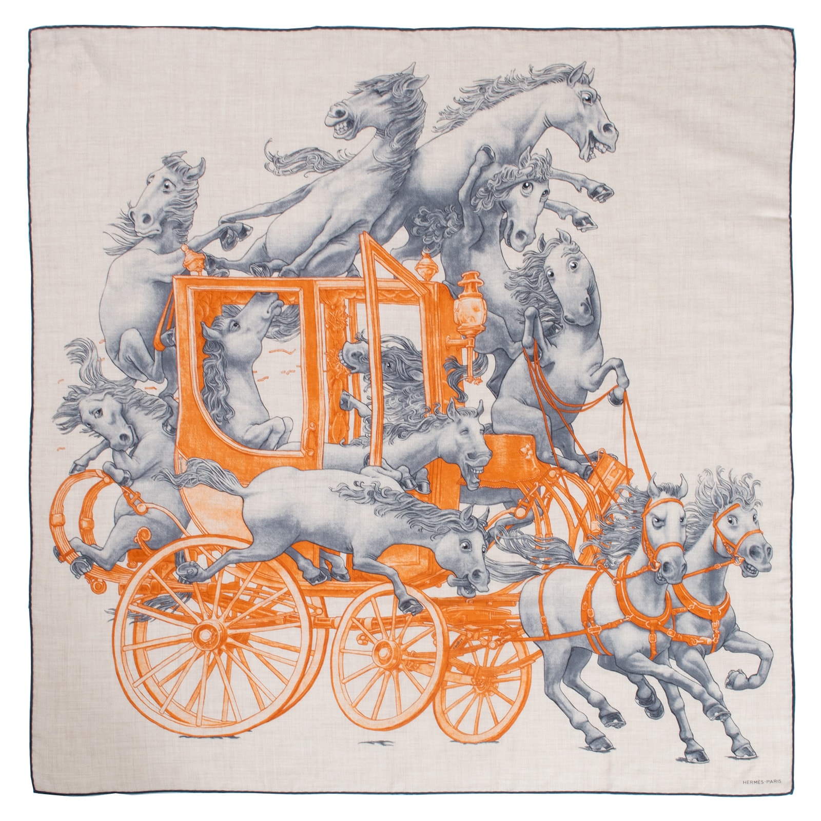 【未使用】HERMES エルメス カレ100 Grand Carrosse Royal グラン キャロス ロワイヤル 103840T 08 スカーフ カシミヤ シルク (cashmere/silk) ベージュ オレンジ【中古】