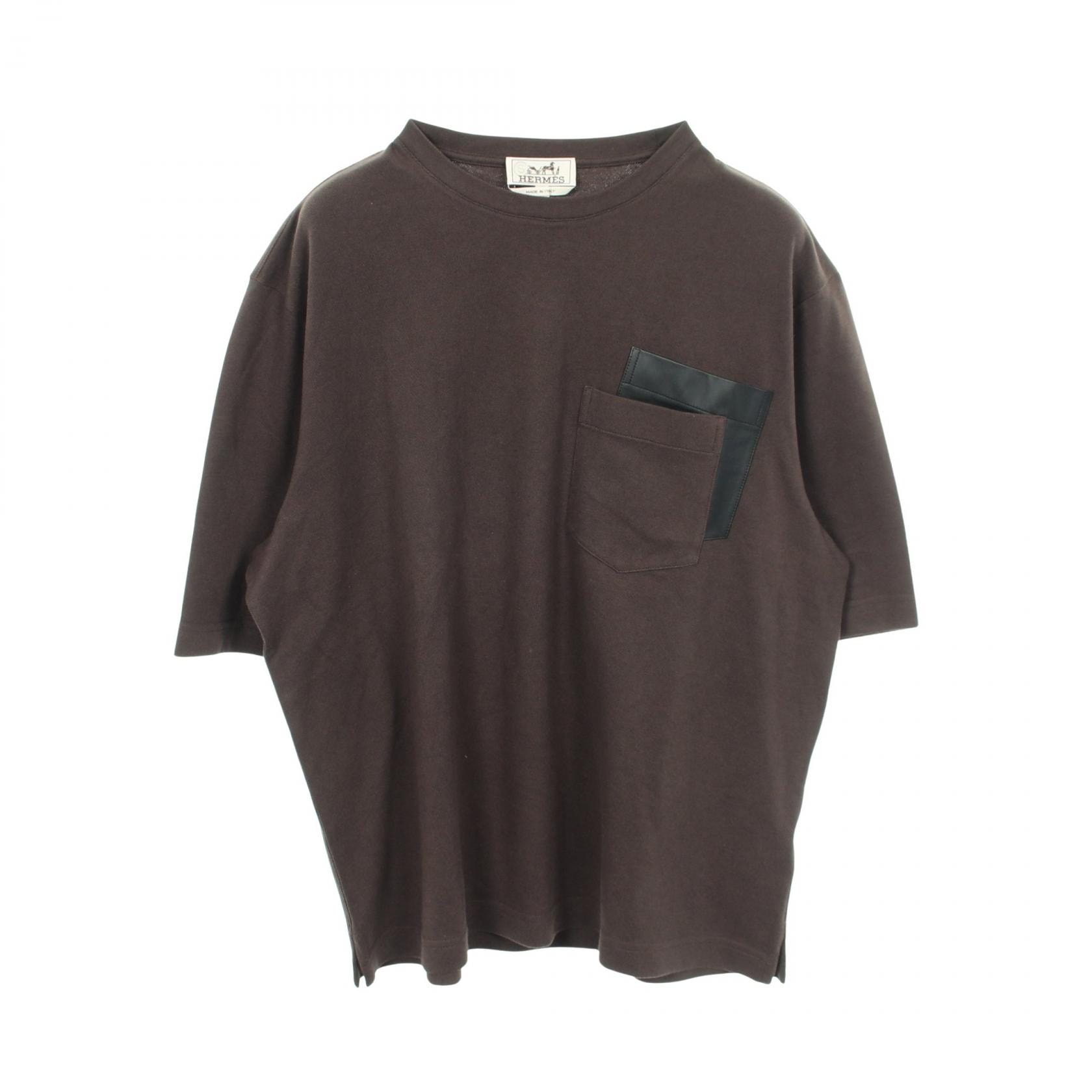 エルメス HERMES レザーパッチ クルーネック 半袖Tシャツ 衣料品 トップス コットン メンズ ブラウン系 / ブラック系 【中古】