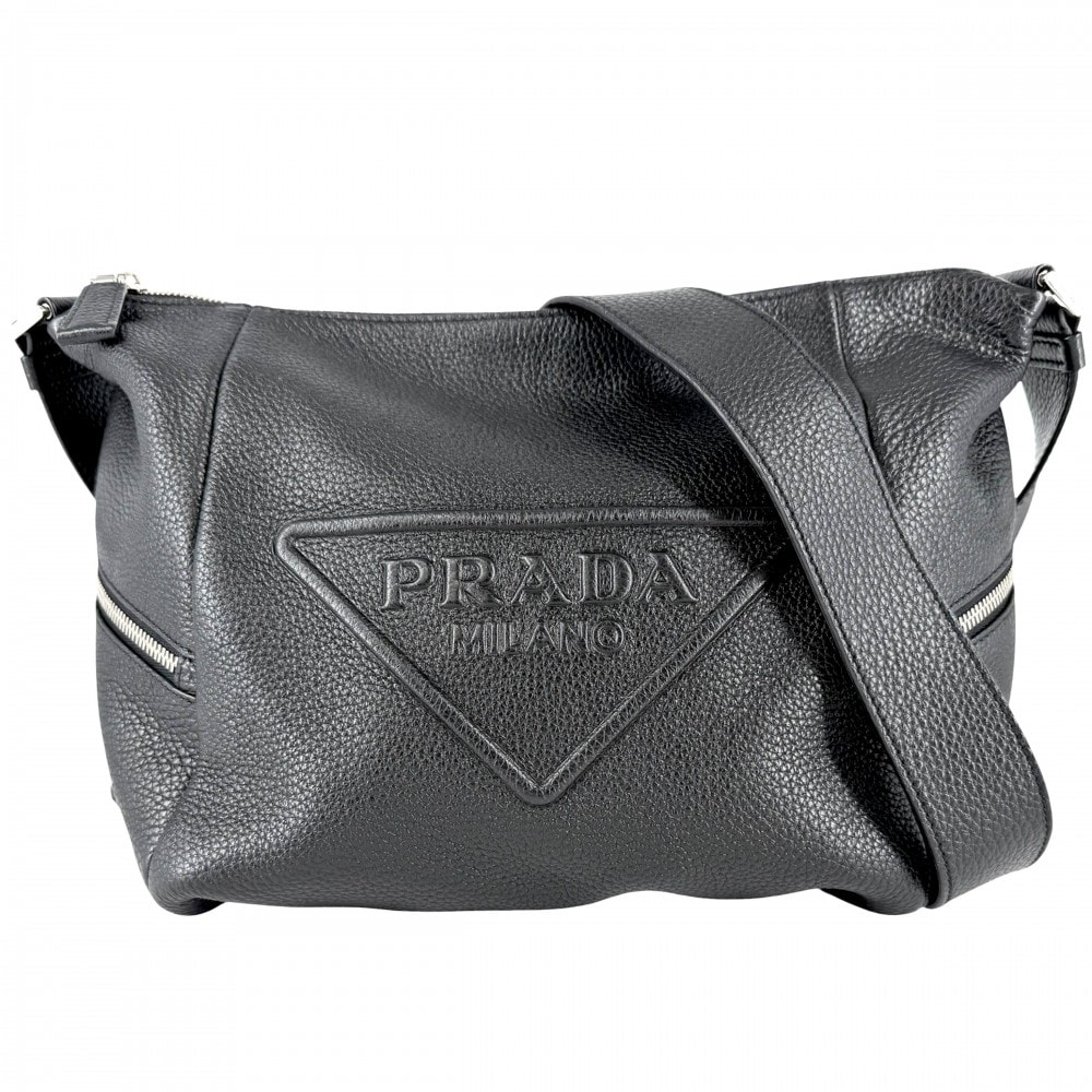 PRADA プラダ ショルダーバッグ トライアングルロゴ レザー    ブラック 黒 シルバー金具 ユニセックス【中古品】