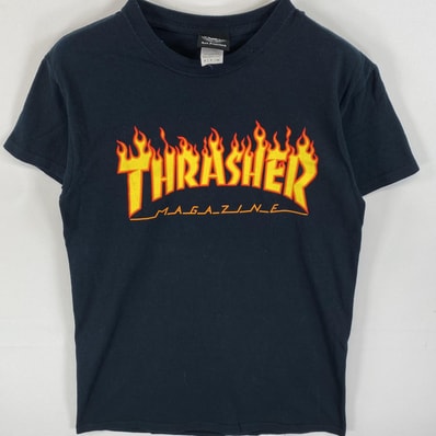 古着 スラッシャー THRASHER 半袖Tシャツ ラバープリント ブランドロゴ ファイヤーパターン ブラック メンズ