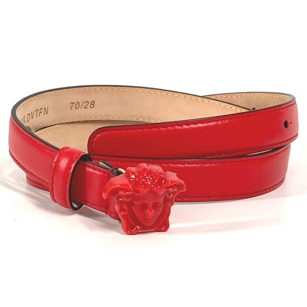 ヴェルサーチ VERSACE メデューサ ロゴ 細ベルト アクセサリー バックル ボトムス用ベルト ベルト レザー レッド 新品同様
