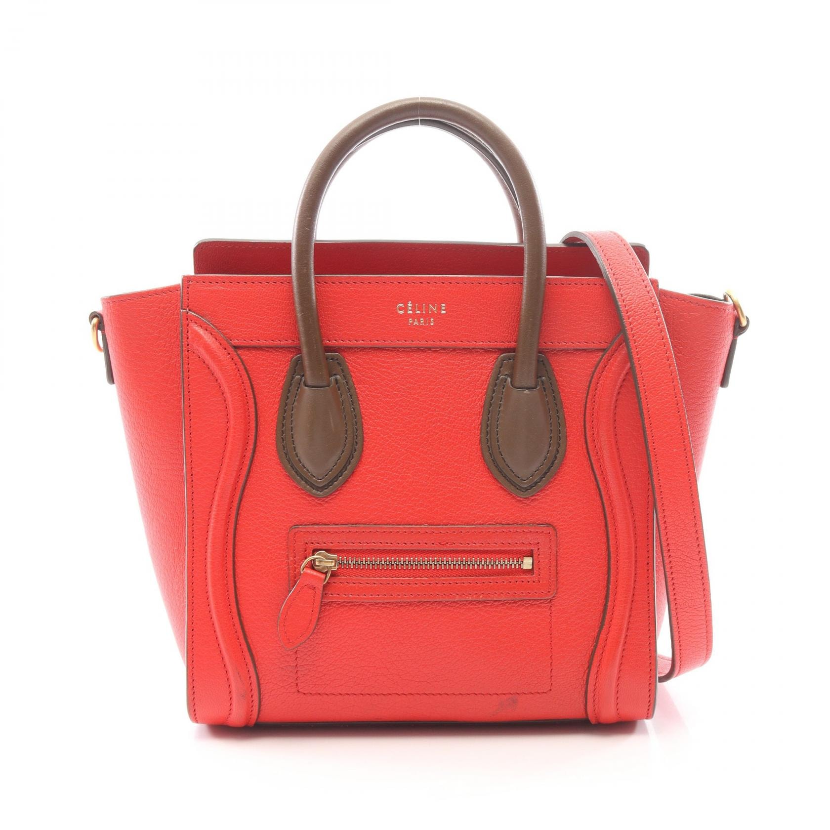 セリーヌ CELINE ラゲージ ナノショッパー 2WAY ハンドバッグ バッグ レザー レディース レッド系 / カーキ系 【中古】