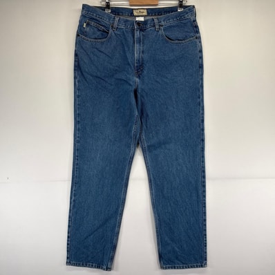 古着 エルエルビーン L.L.Bean パンツ テーパード 5ポケット レザーパッチ ジーパン w38×L32 ブルー系 メンズ