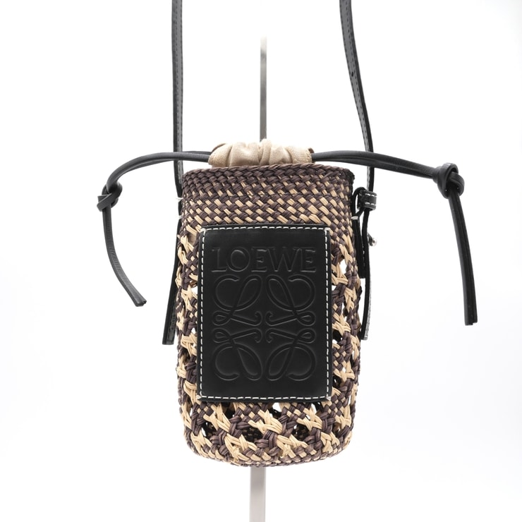 LOEWE(ロエベ)シリンダーポケット ショルダーバッグ ラフィア レザー ブラウン ベージュ ブラック アナグラム レディース【中古】