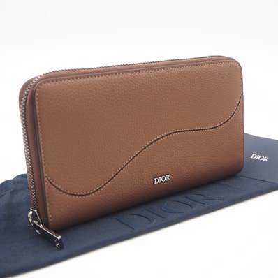 極美品 Dior ディオール グレインドカーフスキン マーケトリー Saddle ロングジップウォレット 2ADBC315YKK 長財布 ブラウン カーフレザー メンズ