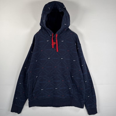 古着 ナイキ NIKE パーカー ワンポイントロゴ刺繍 マフポケット フーディー フード紐 マルチカラー L ネイビー 総柄 メンズ