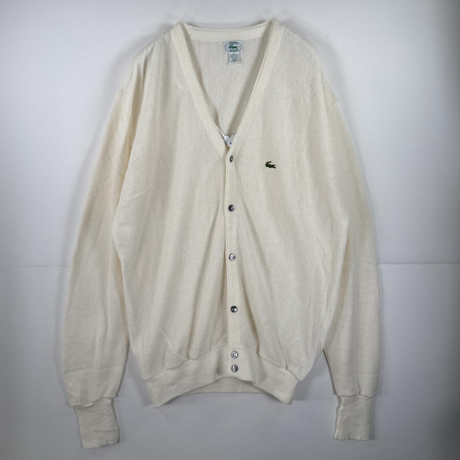 古着 ラコステ LACOSTE 長袖 ニット カーディガン Vネック ワンポイント アクリル USA製 大きいサイズ 2XL  ホワイト メンズ