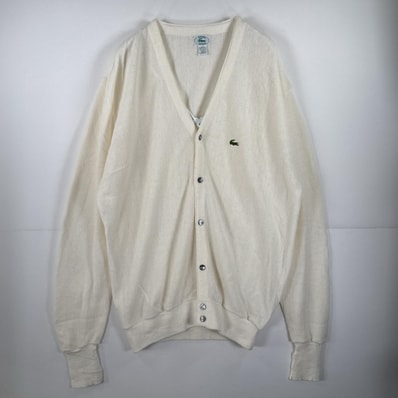 古着 ラコステ LACOSTE 長袖 ニット カーディガン Vネック ワンポイント アクリル USA製 大きいサイズ 2XL ホワイト メンズ