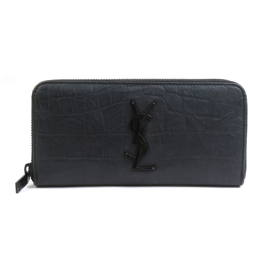 サンローラン SAINT LAURENT ラウンドファスナー長財布 型押しレザー ブラック ユニセックス【中古】 r10463a