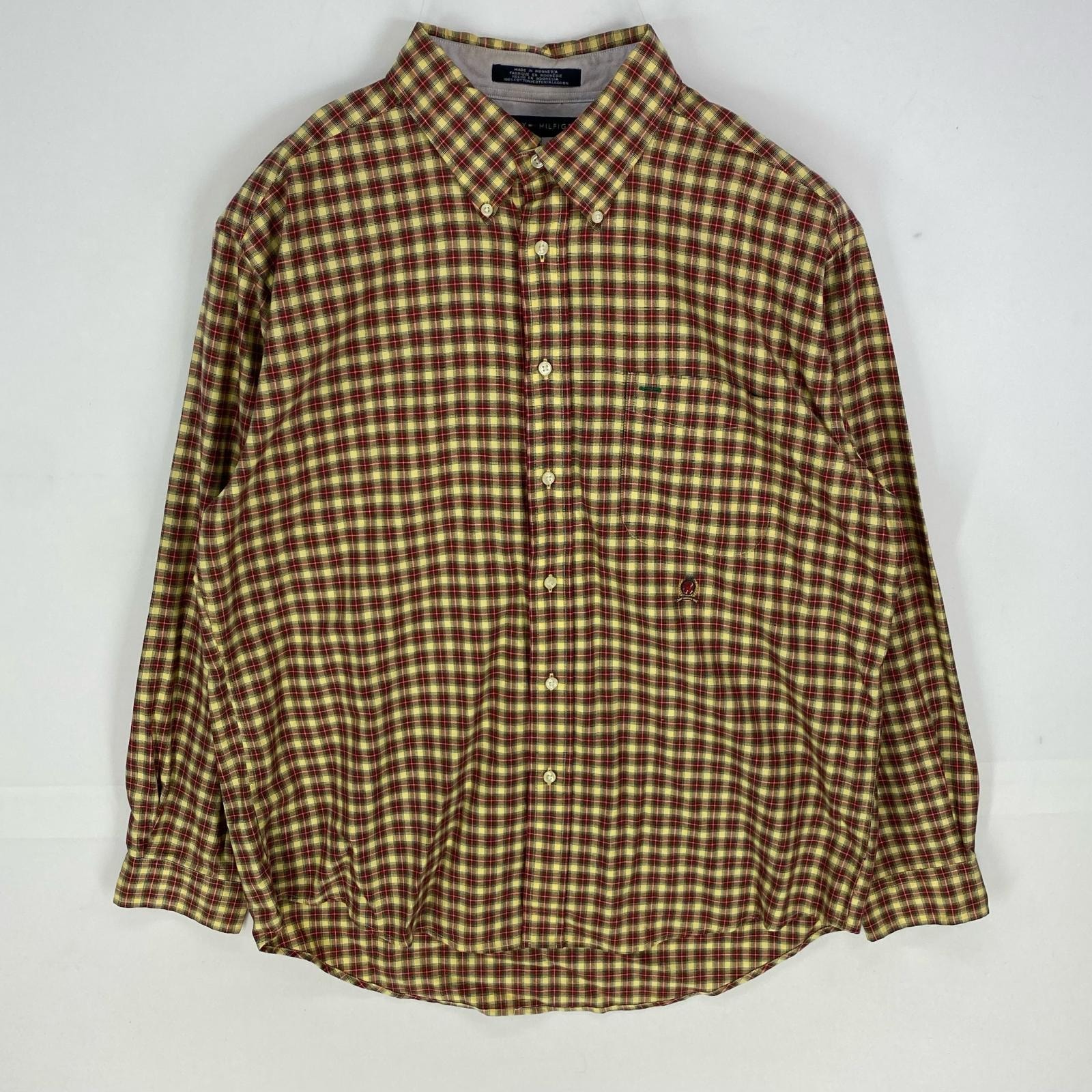 古着 トミーヒルフィガー TOMMY HILFIGER 長袖シャツ ボタンダウン ワンポイント ロングスリーブ L  イエロー系 チェック メンズ
