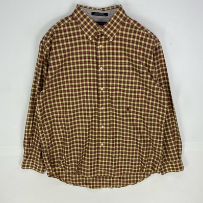 古着 トミーヒルフィガー TOMMY HILFIGER 長袖シャツ ボタンダウン ワンポイント ロングスリーブ L イエロー系 チェック メンズ