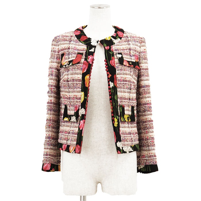 【極美品】DOLCE&GABBANA ドルチェアンドガッバーナ ジャケット ツイード サイズ 38 レディース DG ロゴ ボタン チューリップ フローラル 花柄 アウター マルチカラー イタリア製
