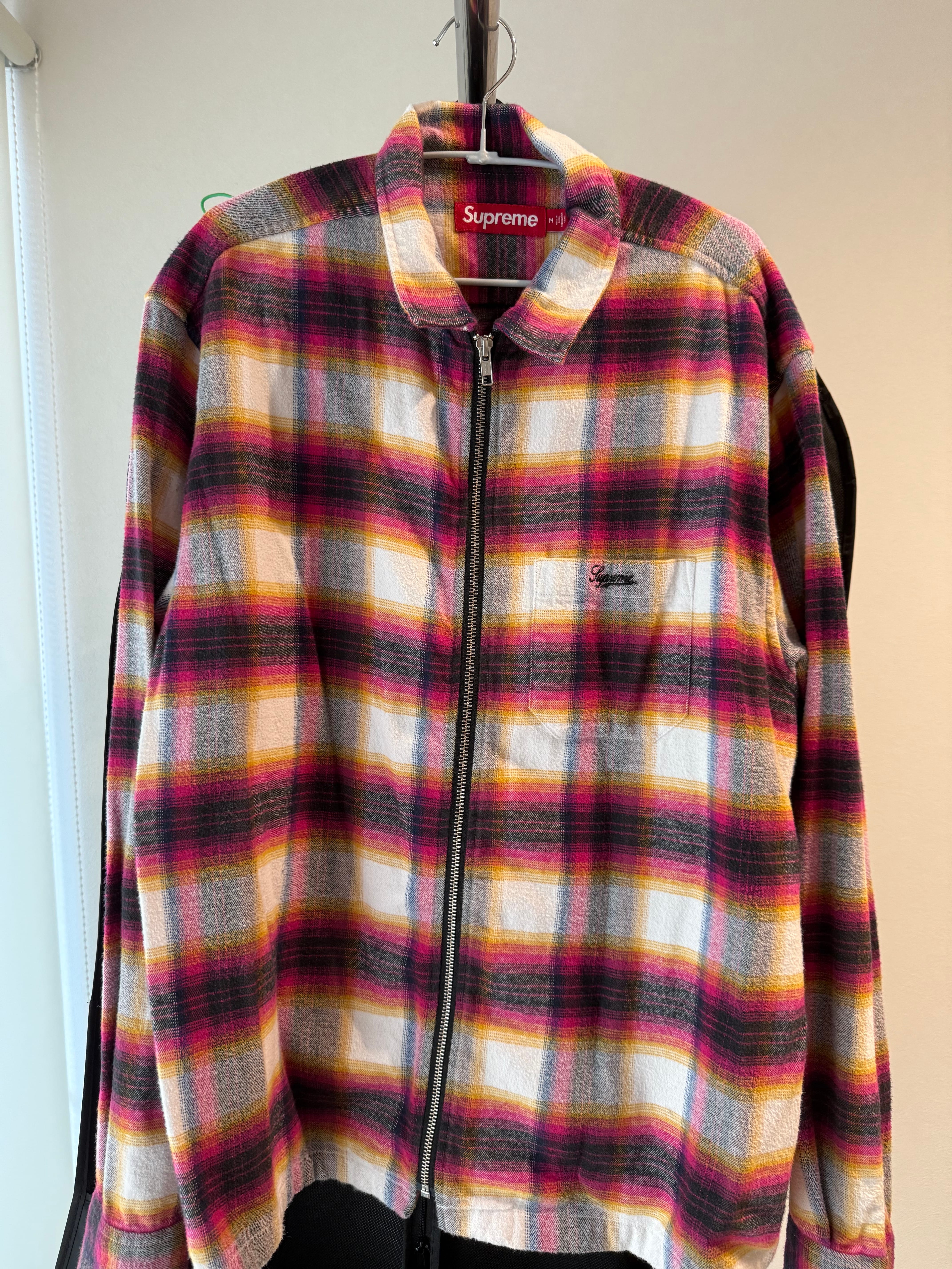 Supreme Shadow Plaid Flannel Zip Up Shirt "White"