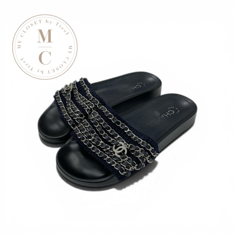シャネル CHANEL サンダル 靴 シューズ ファブリック レザー ネイビー ブラック シルバー ココマーク チェーン フラット ミュール
