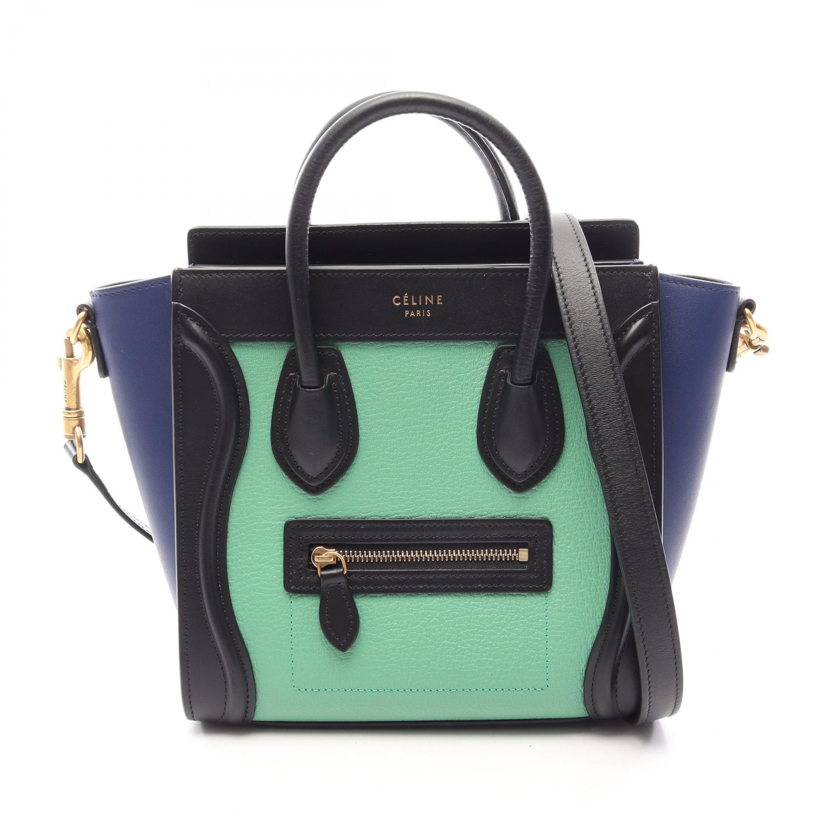 セリーヌ CELINE ラゲージ ナノショッパー 2WAY ハンドバッグ バッグ レザー レディース グリーン系 / ブラック系 / ブルー系 【中古】