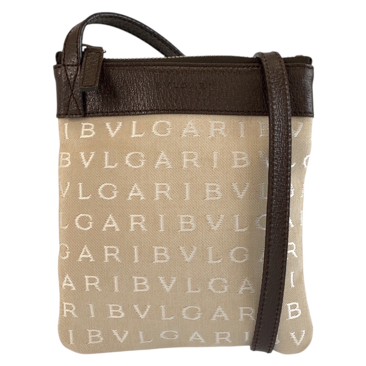 美品 BVLGARI ブルガリ ロゴマニア ベージュ ブラウンシルバー金具 キャンバス レザー/ ショルダーバッグ ポシェット 603319 【中古】