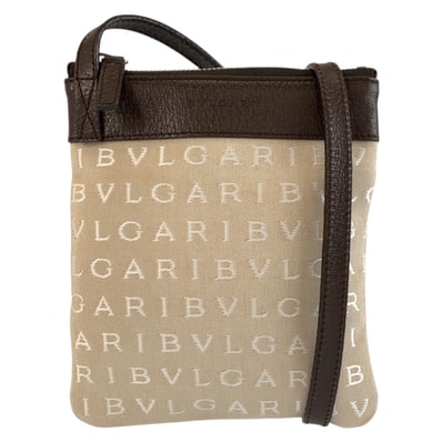 美品 BVLGARI ブルガリ ロゴマニア ベージュ ブラウンシルバー金具 キャンバス レザー/ ショルダーバッグ ポシェット 603319 【中古】