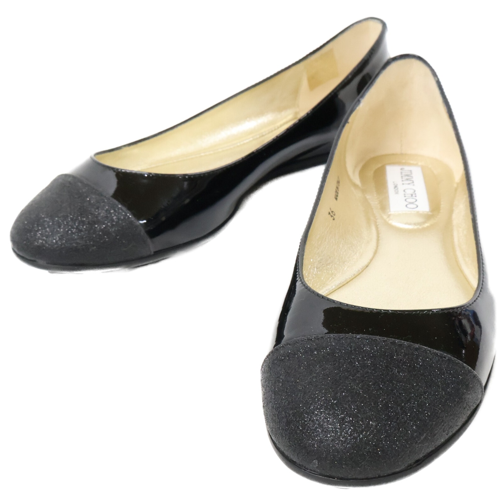 ジミーチュウ 美品 GAZE FLAT  パテント×グリッターフラットパンプス 36