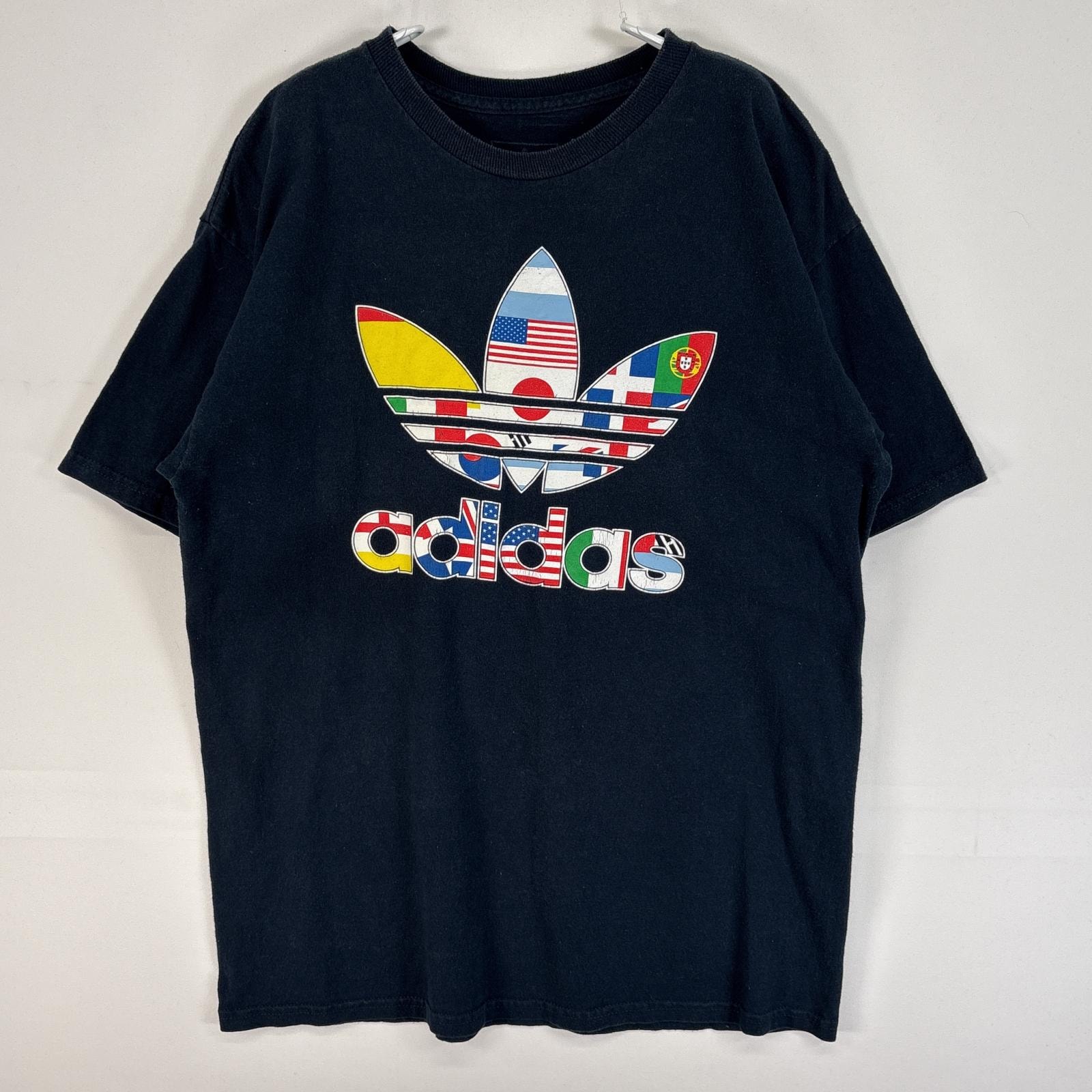 古着 アディダス adidas 半袖Tシャツ トレフォイル ロゴ プリント 肉厚 万国 M ネイビー メンズ