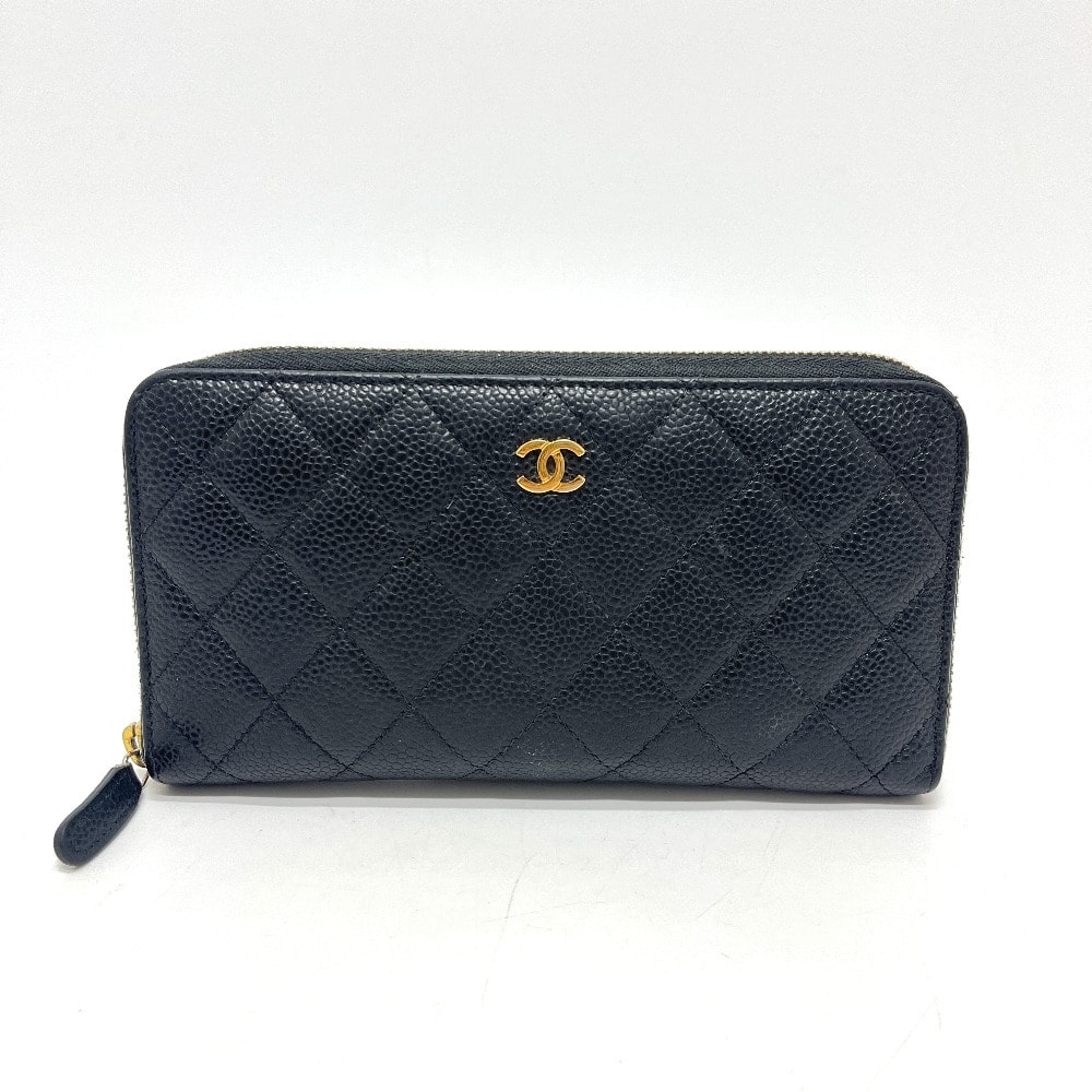 シャネル CHANEL ココマーク A50097 マトラッセ ラウンド 財布 ウォレット 長財布 キャビアスキン ブラック