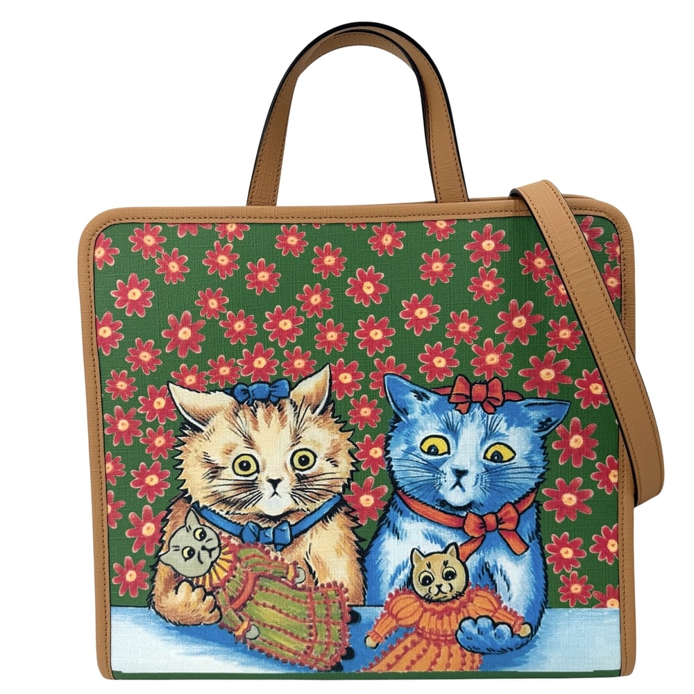GUCCI グッチ 2WAY チルドレンズ キトゥン ハンドバッグ ショルダーバッグ 斜め掛け 猫 キャット 630542 PVCコーティングキャンバス レザー グリーン 緑 ブラウン 茶 シルバー金具 レディース 美品【中古品】