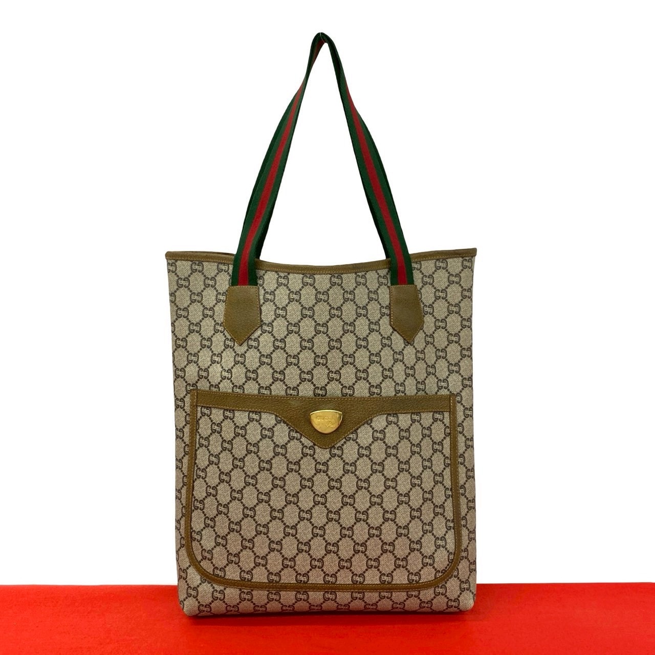 GUCCI グッチ シェリーライン グッチプラス ロゴ 金具 レザー PVC トートバッグ ブラウン
 31948