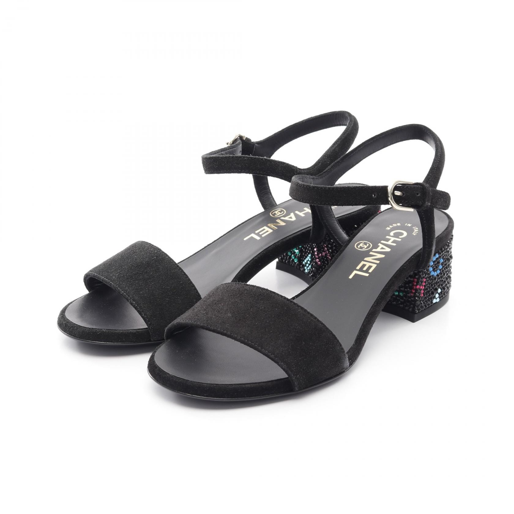 シャネル CHANEL ラインストーンロゴヒール サンダル 靴 スウェード レディース ブラック系 / マルチカラー G45366 【中古】