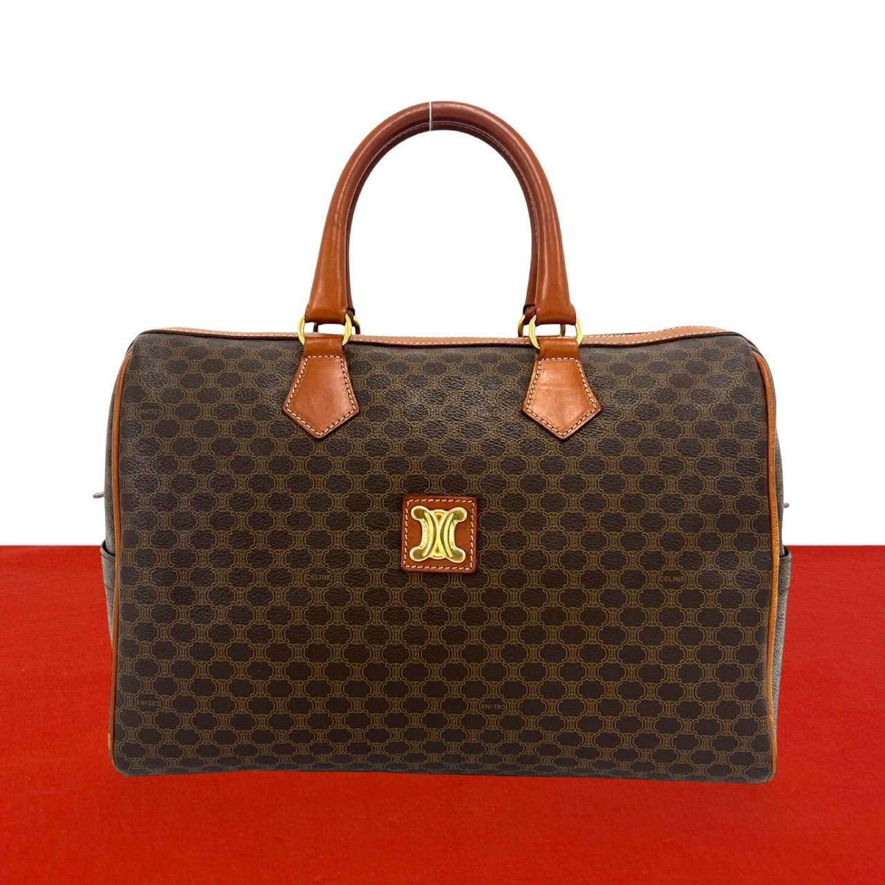 CELINE セリーヌ マカダム ブラゾン 柄 トリオンフ 金具  レザー PVC ハンドバッグ ブラウン
 49861