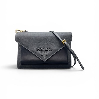 PRADA 極美品 プラダ サフィアーノレザー ミニ モノクローム ショルダーバッグ 1BP020 ICチップ確認済 ソーブラック ロゴ クロスボディ ポーチ ポシェット トライアングルロゴ Aランク 鑑定済 中古 プラダバッグ