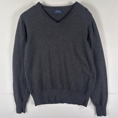 古着 ポロ・ラルフローレン POLO RALPH LAUREN ニット Vネック ワンポイントロゴ刺繍 エルボーパッチ 薄手 ダークグレー メンズ