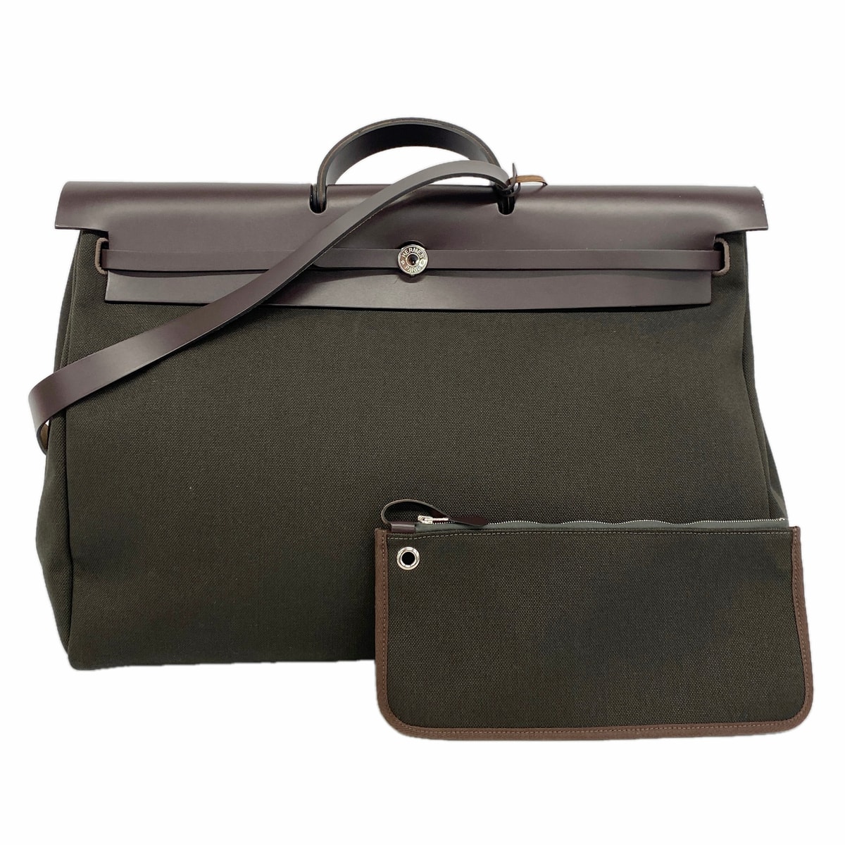 【6ib2327】エルメス ハンドバッグ エールバッグジップ50 トワルミリタリー ブラウン カーキ シルバー金具 W刻印【中古】メンズ レディース ユニセックス