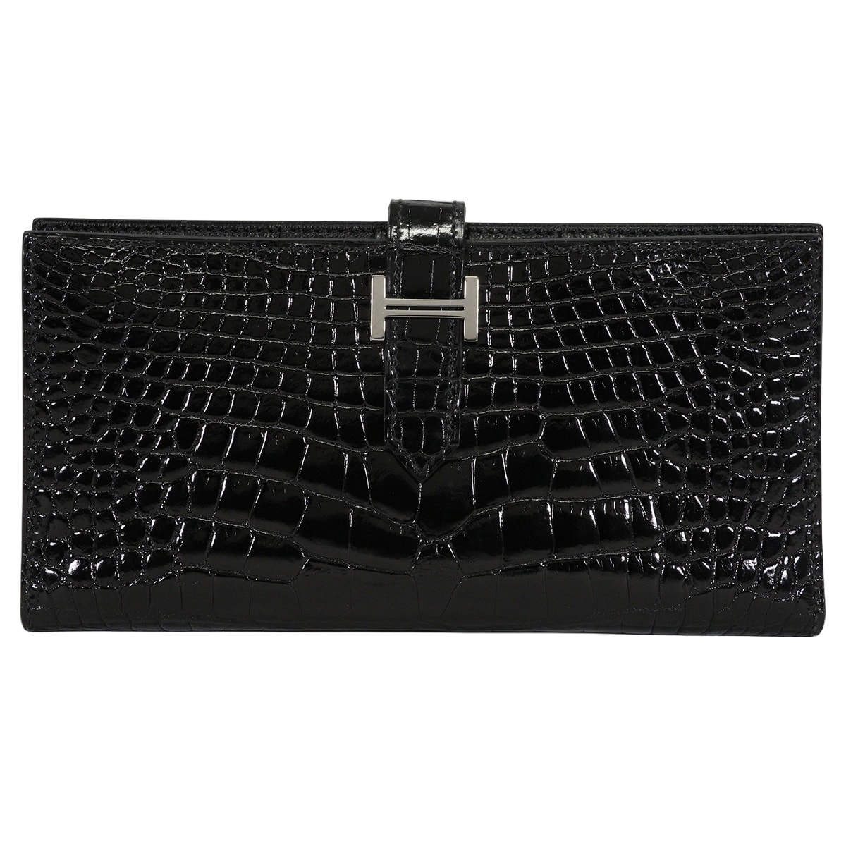 HERMES エルメス 長財布 ベアンスフレ 黒 (ブラック) クロコダイル アリゲーターシャイニー シルバー金具 □N刻印 SAランク【中古】
