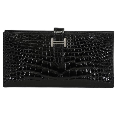HERMES エルメス 長財布 ベアンスフレ 黒 (ブラック) クロコダイル アリゲーターシャイニー シルバー金具 □N刻印 SAランク【中古】