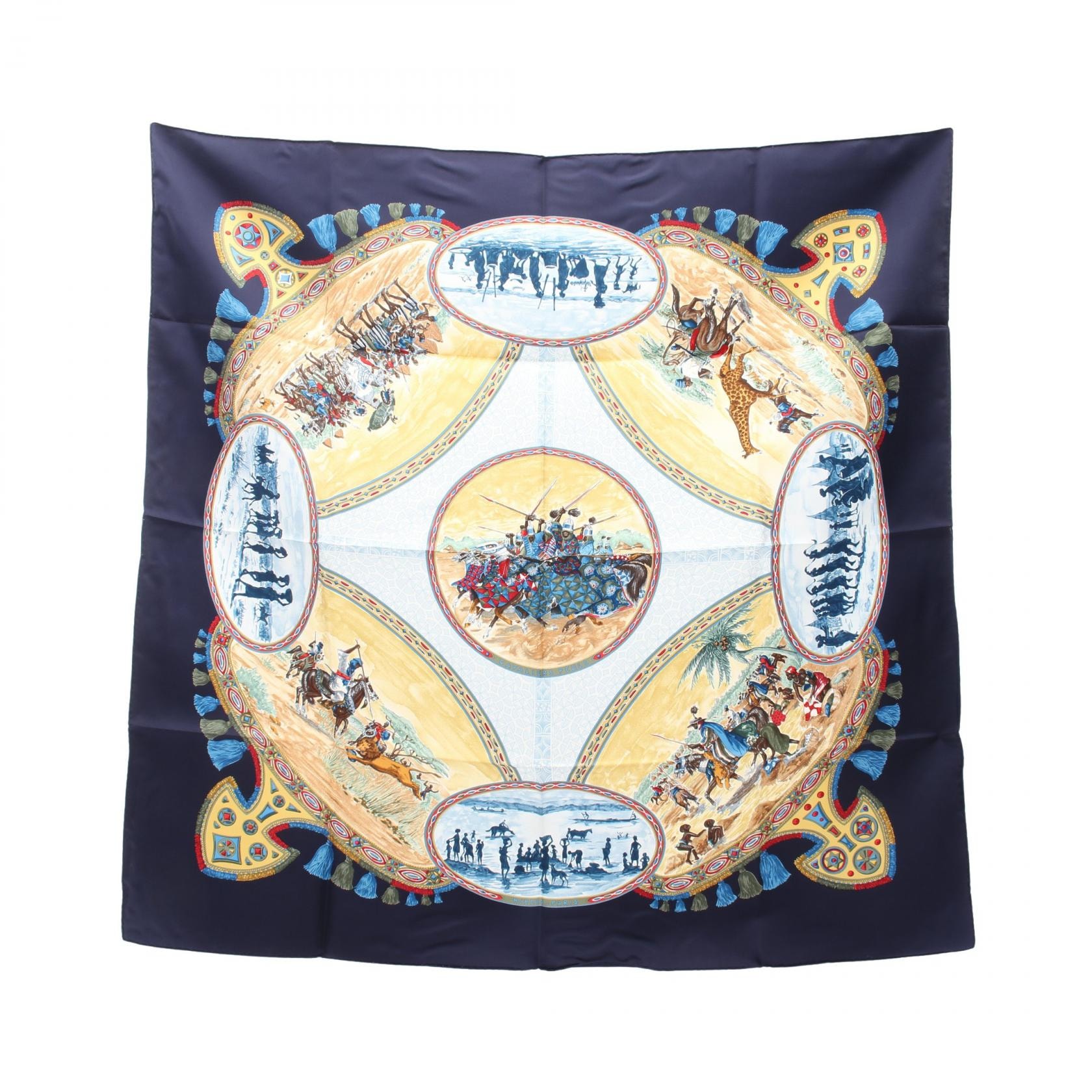 エルメス HERMES カレ90 CAVALIERS PEULS スカーフ 衣料品 シルク シルク レディース ネイビー系 / マルチカラー 【中古】