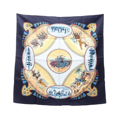 エルメス HERMES カレ90 CAVALIERS PEULS スカーフ 衣料品 シルク シルク レディース ネイビー系 / マルチカラー 【中古】