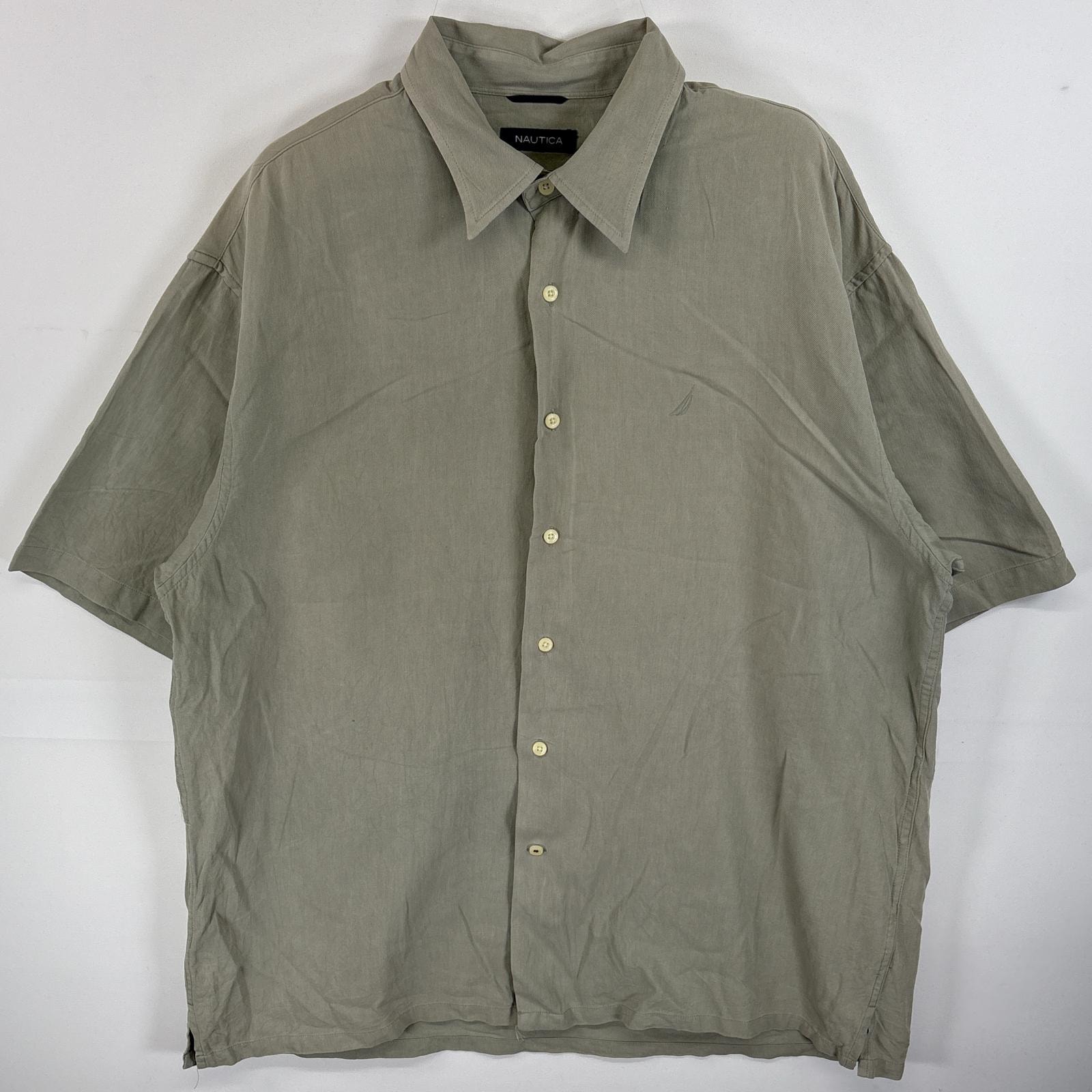 古着 ノーティカ NAUTICA 半袖シャツ シルクシャツ ボックス丈 ワンポイント ロゴ 刺繍 XL グリーン系 無地 メンズ
