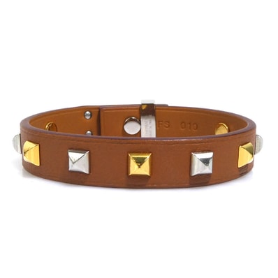 エルメス HERMES ブレスレット ミニドッグ クルーカレ レザー/メタル ブラウン/シルバー/ゴールド レディース【中古】 e61857a
