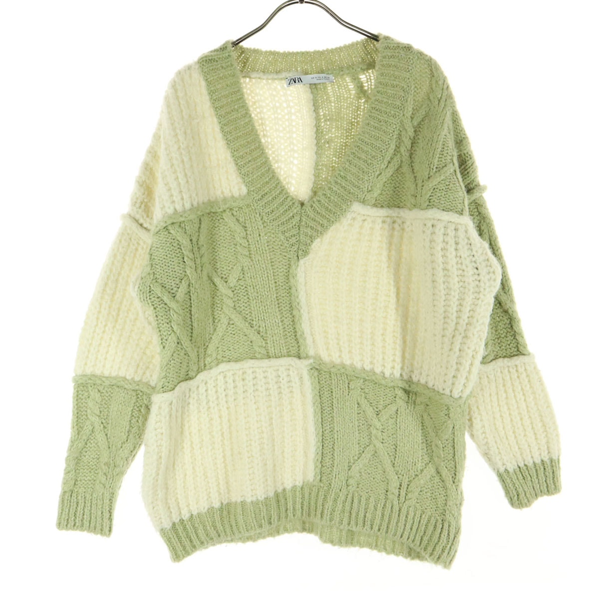 ZARA ザラ バイカラー 長袖 Vネック ニット S グリーン系 アイボリー