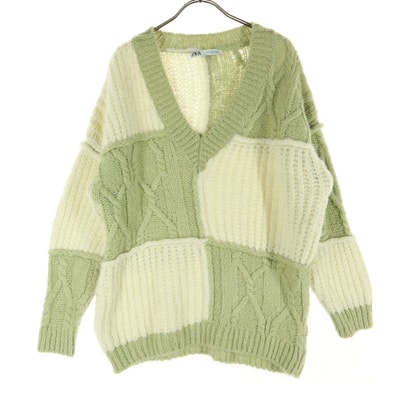 ZARA ザラ バイカラー 長袖 Vネック ニット S グリーン系 アイボリー