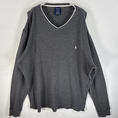 古着 ラルフローレン RALPH LAUREN 長袖Tシャツ ワンポイント ロゴ 刺繍 ワッフル 厚手 2XL グレー系 無地 メンズ