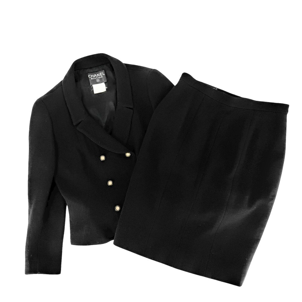 CHANEL シャネル セットアップ ジャケット スカート ヴィンテージ アパレル 服 ココマーク 42 ブラック 黒 シルバー金具 ウール    レディース 秋 冬【中古品】