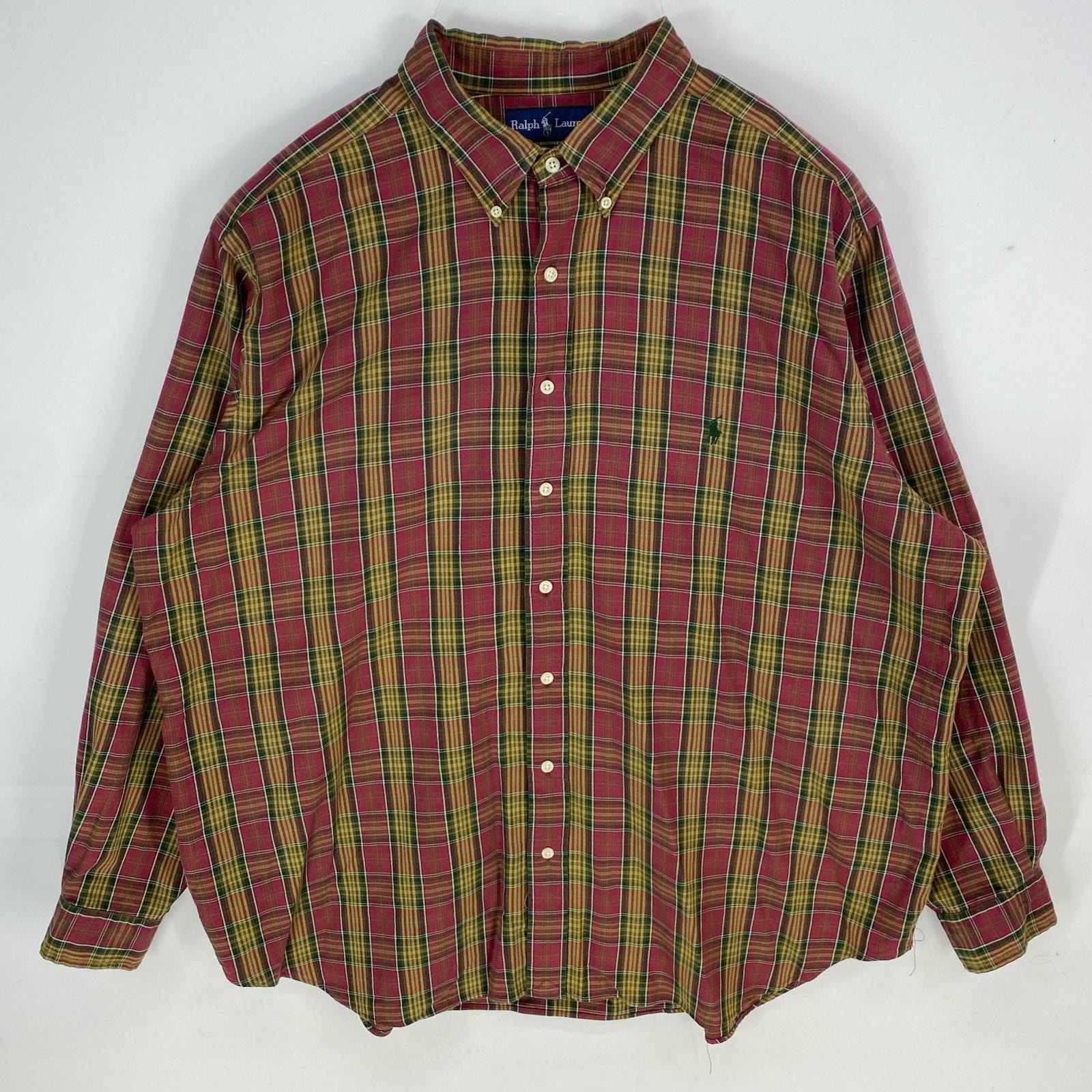 古着 ラルフローレン RALPH LAUREN 長袖シャツ BLAKE ボタンダウン 大きいサイズ ワンポイントロゴ 2XL  レッド系 チェック メンズ