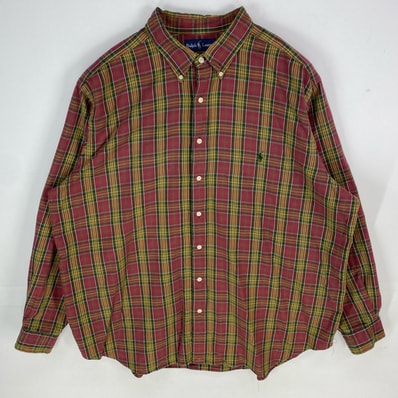古着 ラルフローレン RALPH LAUREN 長袖シャツ BLAKE ボタンダウン 大きいサイズ ワンポイントロゴ 2XL レッド系 チェック メンズ