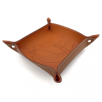 HERMES エルメス 雑貨 ミーズ・エ・ルランス/ローブ・デュ・ソワール ヴィドポッシュ トレイ 小物入れ インテリア メンズ レディース 馬柄 K刻印 レザー ブラウン系 シルバー金具 ユニセックス 美品 2025年【中古品】