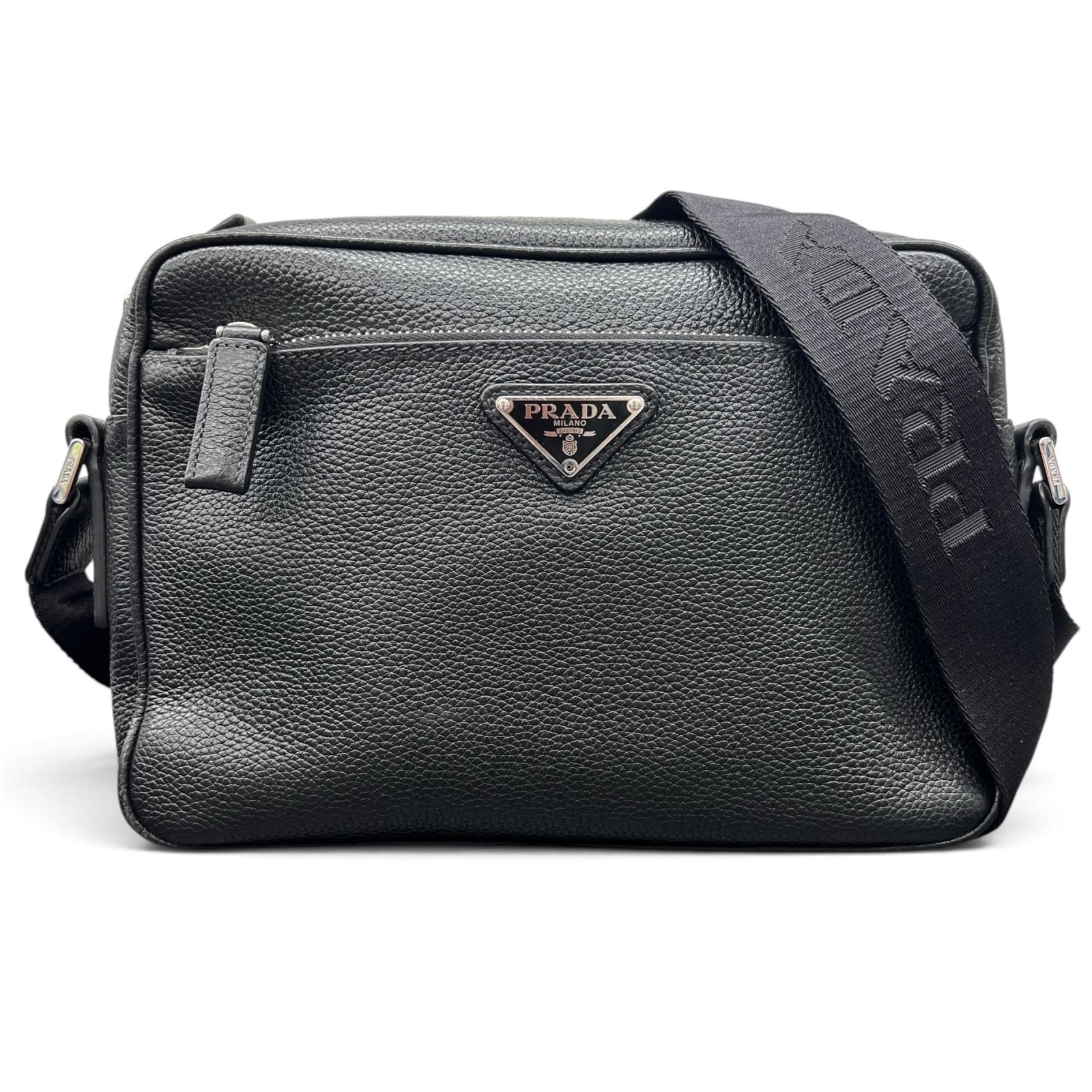 PRADA 美品 プラダ ヴィッテロ トライアングルロゴ ショルダーバッグ 2VH094 レザー ICチップ確認済 ブラック 三角ロゴ ロゴプレート クロスボディ ポーチ ポシェット ABランク 鑑定済 中古 プラダバッグ