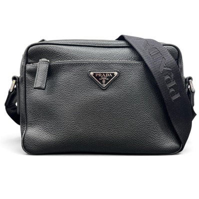 PRADA 美品 プラダ ヴィッテロ トライアングルロゴ ショルダーバッグ 2VH094 レザー ICチップ確認済 ブラック 三角ロゴ ロゴプレート クロスボディ ポーチ ポシェット ABランク 鑑定済 中古 プラダバッグ