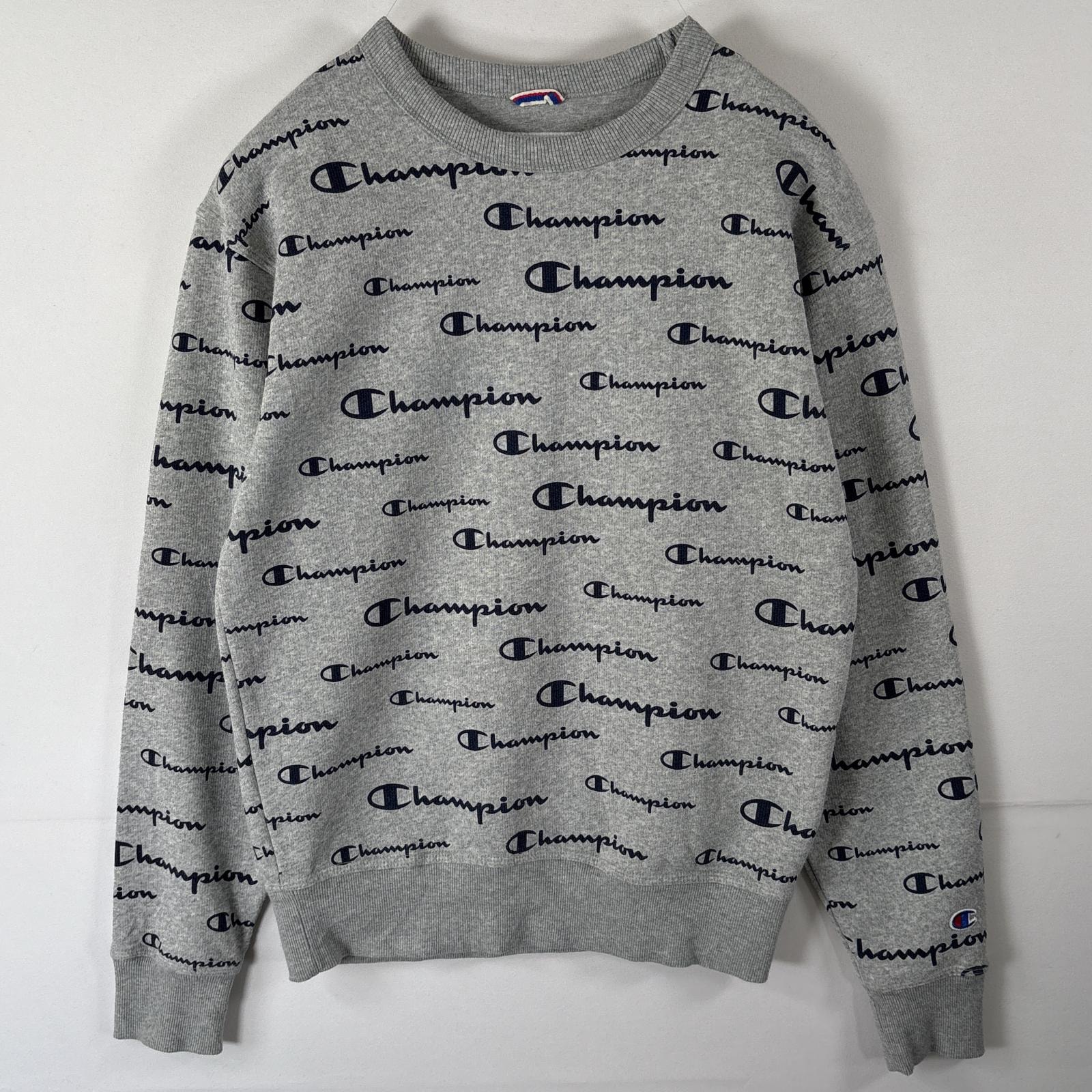 古着 チャンピオン Champion スウェット トレーナー 総柄 ワッペン ロゴプリント クルーネック S  グレー メンズ