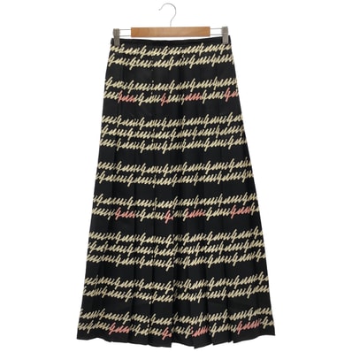 グッチ 751307 23AW ブラック シルク100 Script Print 総柄プリーツロングスカート 38