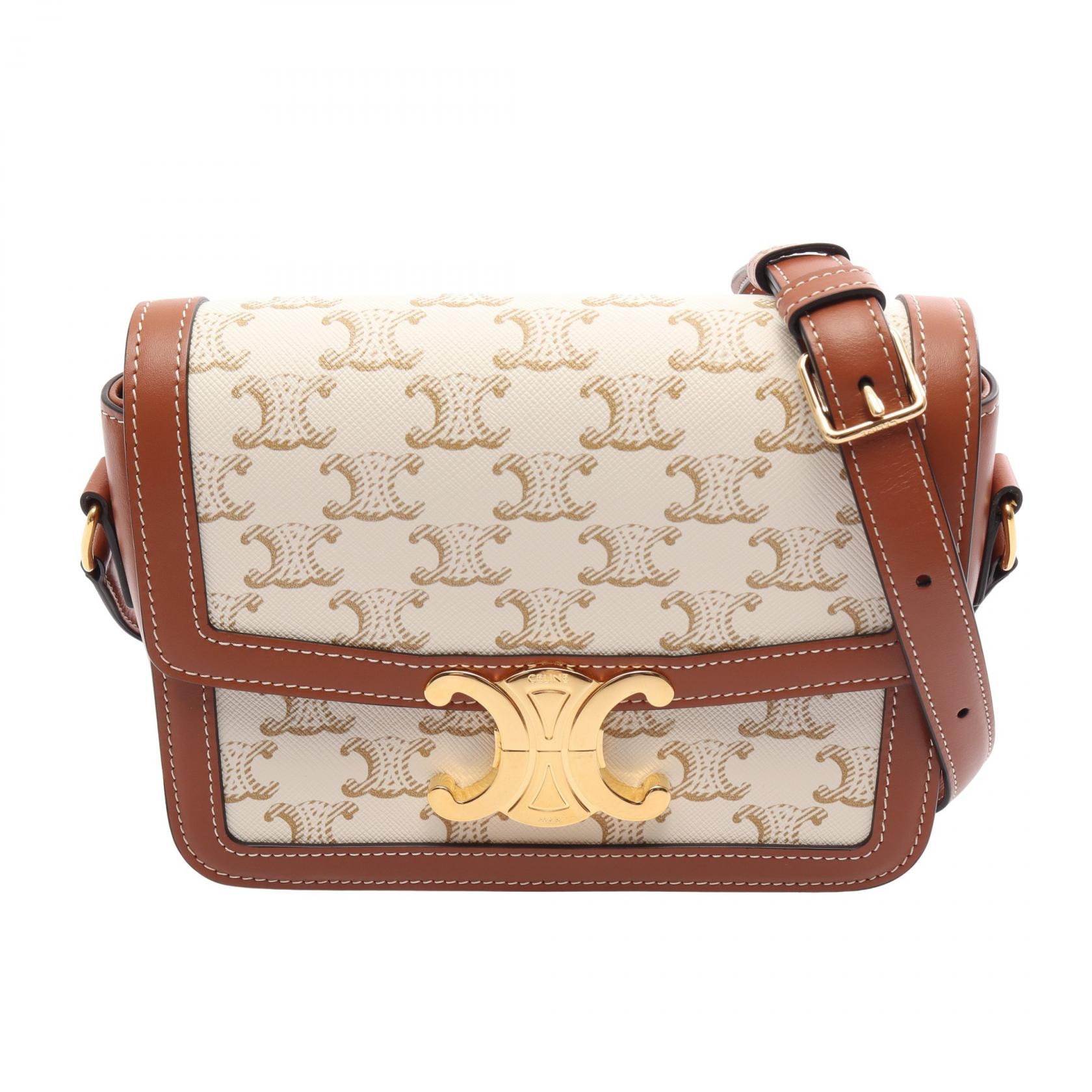 セリーヌ CELINE ティーン トリオンフ ショルダーバッグ バッグ PVCコーティングキャンバス レザー レディース ホワイト系 / ベージュ系 / ブラウン系 188882BZ4 【中古】